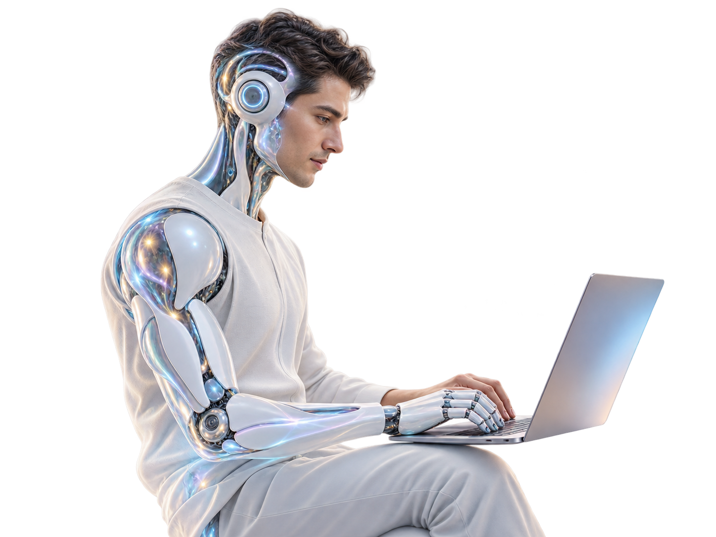 AI and human collaboration — hybrid engineer at a multi-screen workstation
